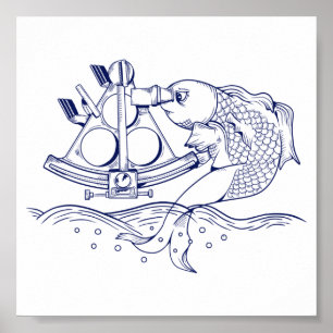 Poster Poisson amusant utilisant un sextant marin