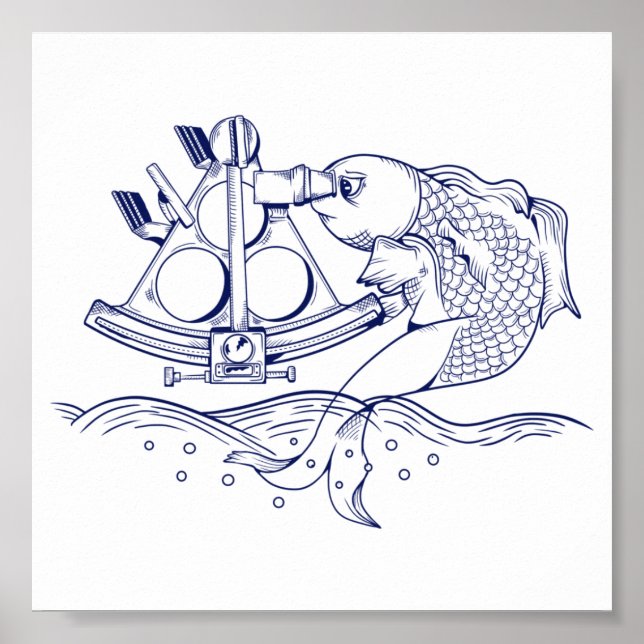 Poster Poisson amusant utilisant un sextant marin (Devant)
