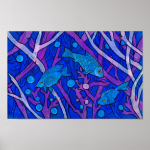 Poster Poisson bleu dans l'algue, Collage de papier d'art