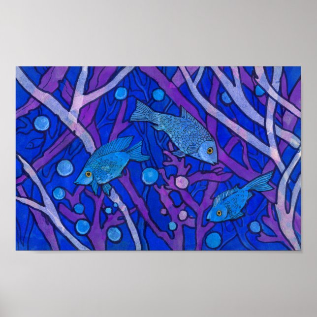 Poster Poisson bleu dans l'algue, Collage de papier d'art (Devant)