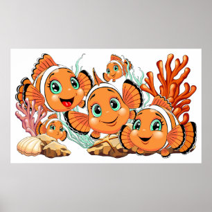 Poster Poisson clown Dessin animé mignon Famille Sous l'e