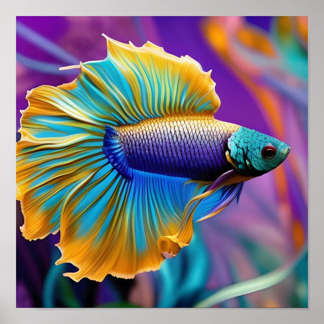 Poster Poisson combattant, bleu or violet (Devant)