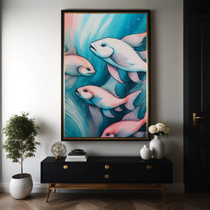 Poster Poisson Dessin de calcaire bleu rose