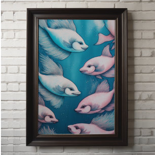 Poster Poisson Dessin de calcaire bleu rose