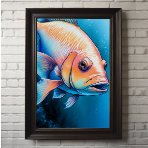 Poster Poisson Dessin de calcaire bleu rose