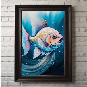 Poster Poisson Dessin de calcaire bleu rose
