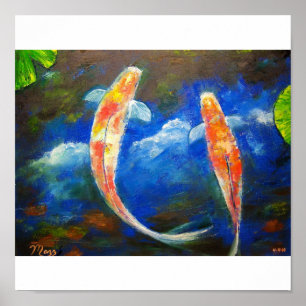 Poster Poisson Koi avec nuages Réflexions Art