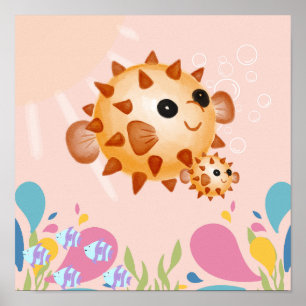 Poster Poisson mignon dans l'océan rose,