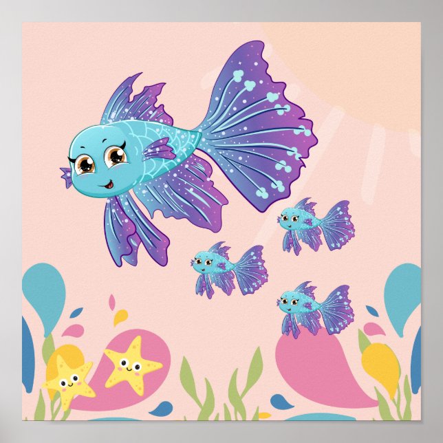 Poster Poisson mou violet et bleu dans la scène océanique (Devant)