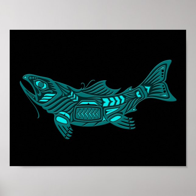 Poster Poisson turquoise bleu Haida Spirit sur noir (Devant)