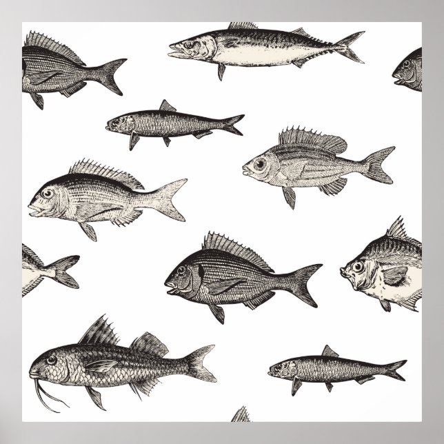 Poster Poisson vintage sans sourire patternvintage, poiss (Devant)