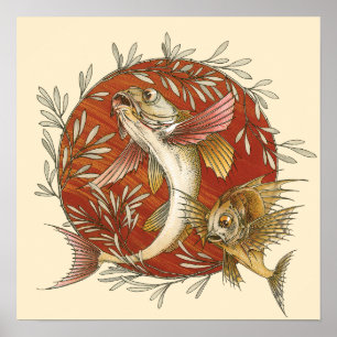 Poster Poisson volant japonais vintage avec Feuilles bamb