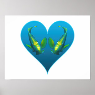 Poster Poissons-anges jumeaux dans un cœur bleu - Illustr