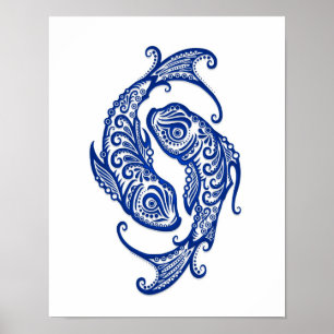 Poster Poissons bleus complexes Zodiac sur blanc