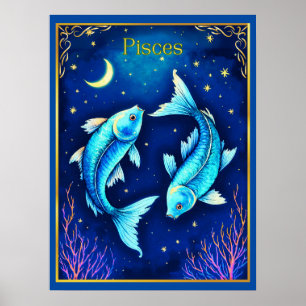 Poster Poissons du zodiaque nageant dans les eaux cosmiqu