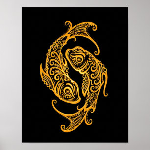 Poster Poissons jaunes complexes Zodiac sur noir