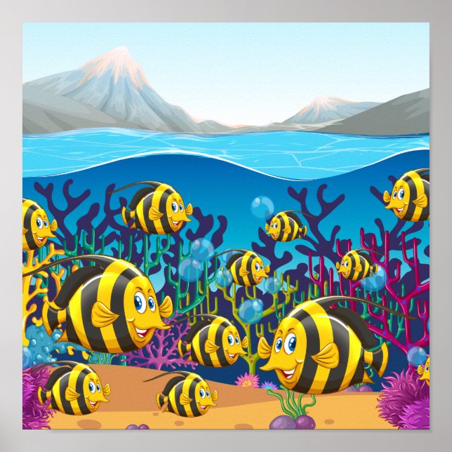 Poster poissons nageant sous la mer (Devant)