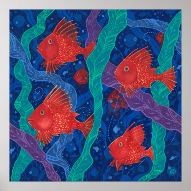 Poster Poissons Rouges, Algues Mer Animaux Sous-marins Ar (Devant)