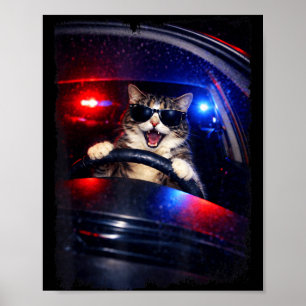 Poster Police drôle chat fou conduisant une voiture mème 