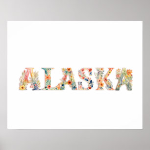 Poster Police florale Art State Print (Alaska)