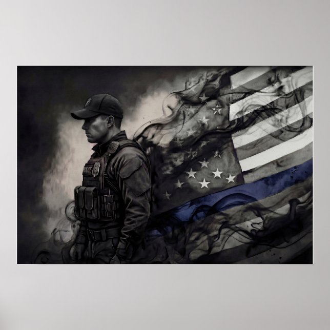 Poster Police Officer Tribute Blue Line American Flag Art (Devant)