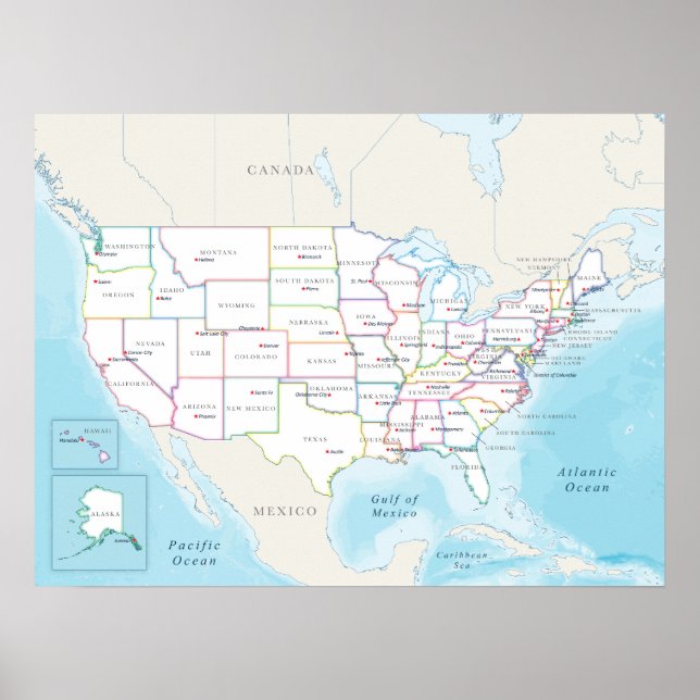 Poster Political map of the United States with capitals (Devant)