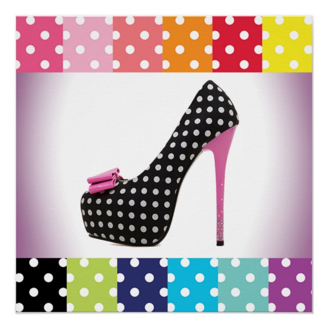 Poster Polka noir et blanc point rose haut talon (Devant)