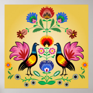 Poster Polonais Avec Floral Décoratif & Cockerels