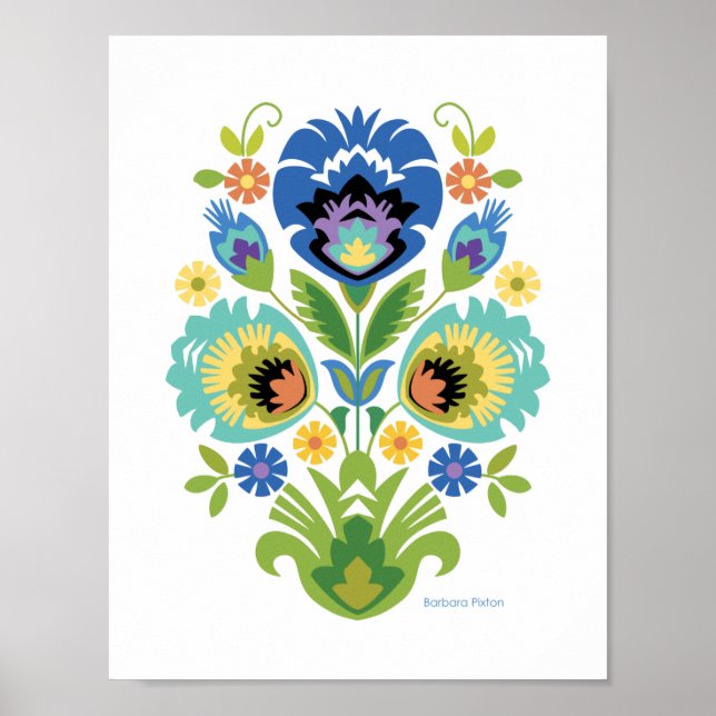 Poster Polonais Floral Bleu & Turquoise Papercut Design (Devant)