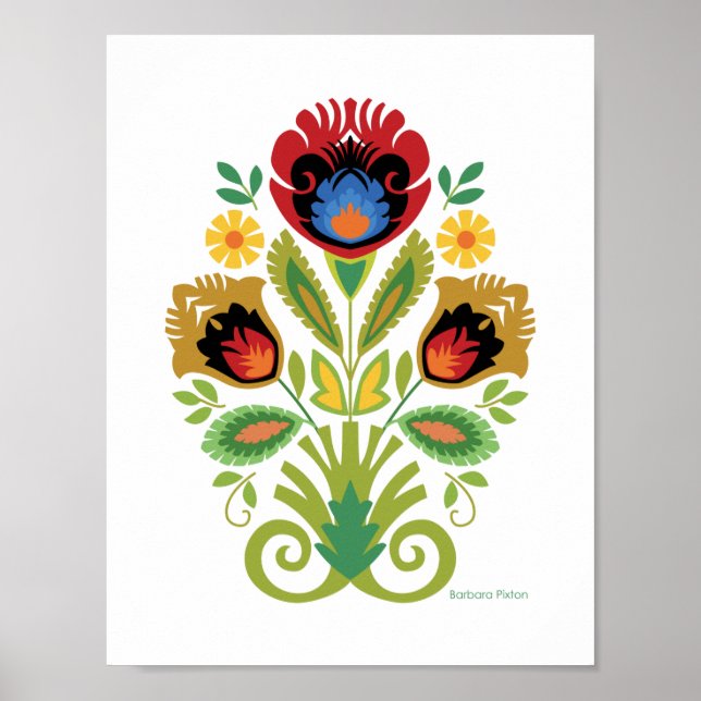 Poster Polonais Floral Rouge foncé Papercut design (Devant)