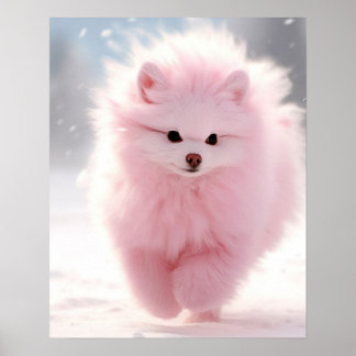 Poster Poméranien rose dans la neige