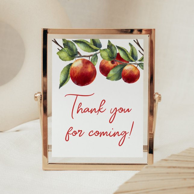 Poster Pomme de notre Baby shower oeil Merci pour venir (Red Apple Baby Shower Thank you for Coming Sign)
