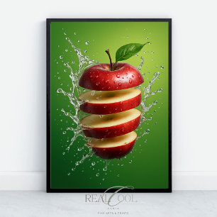 Poster Pomme rouge flottante avec éclaboussure d'eau Art 