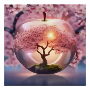 Poster Pomme Translucide Rose Avec Scène Pommier,