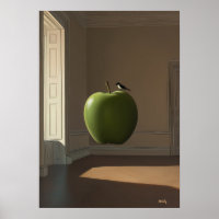 Pomme verte flottante et oiseau – Paysage onirique