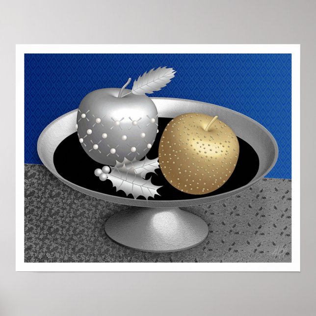Poster Pommes d'or et d'argent sur un piédestal d'argent (Devant)