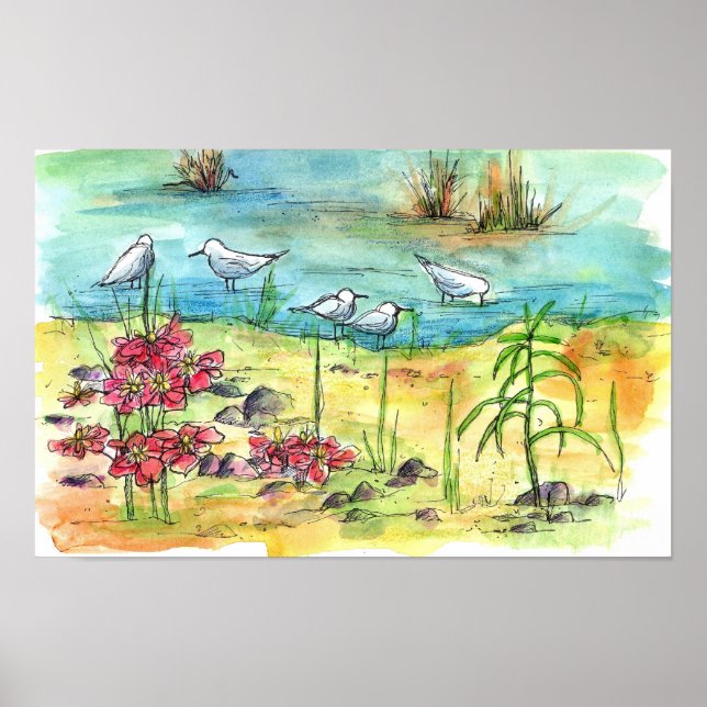 Poster Pond Birds Aquarelle Peinture Nature Art (Devant)