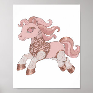 Poster Poney argenté tendance rose et or rose