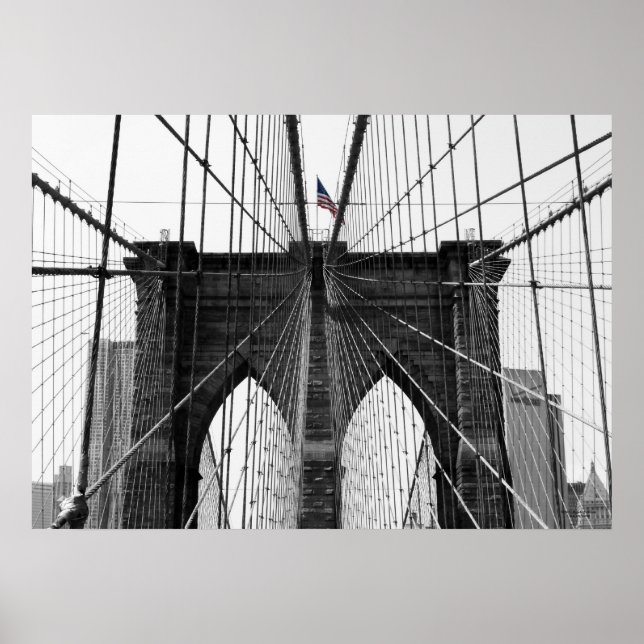 Poster Pont Brooklyn noir et blanc avec drapeau couleur (Devant)