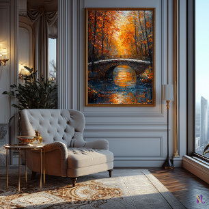 Poster Pont d'automne sur une rivière sereine en impressi