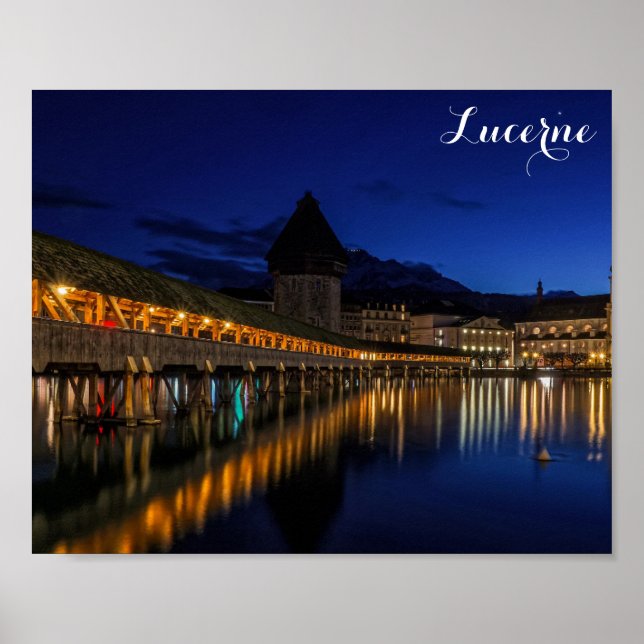 Poster Pont de la chapelle Lucerne Suisse à la nuit (Devant)
