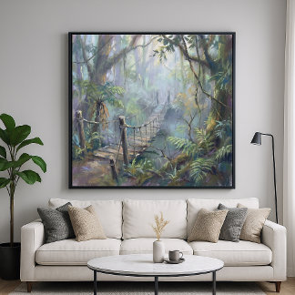 Poster Pont de la jungle brumeuse - Style de peinture pas