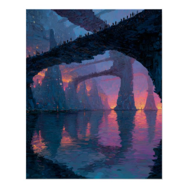 Poster Pont de l'arche du crépuscule, réflexion, fantaisi (Devant)