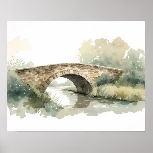 Poster Pont de pierre rustique Aquarelle Art de la campag