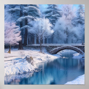 Poster Pont en pierre de neige, paysage hivernal serein
