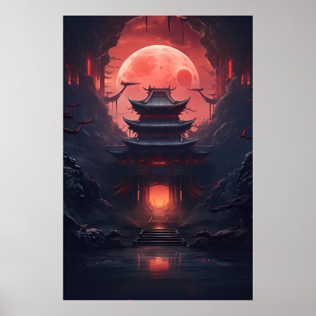 Poster Pont et Temple Yin et Yang à Cyberpunk Neon (Devant)