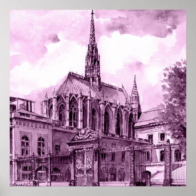 Poster Pont rose néon et cobalt arcs sur un c lumineux (Devant)