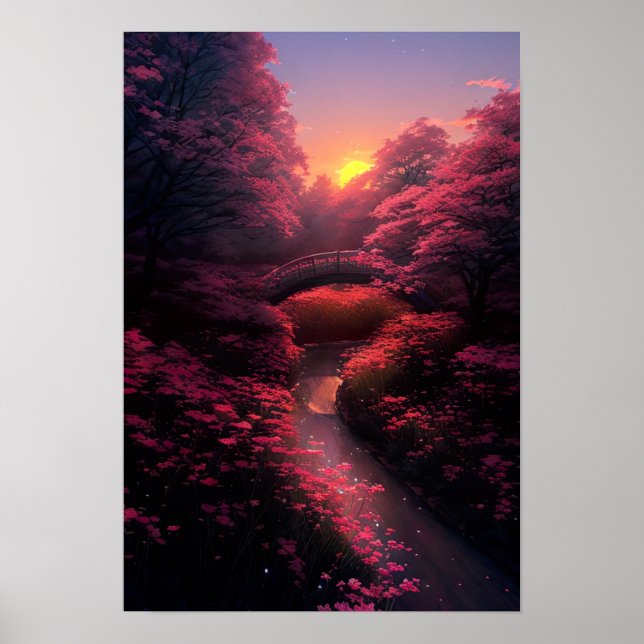 Poster Pont vers le coucher de soleil violet (Devant)