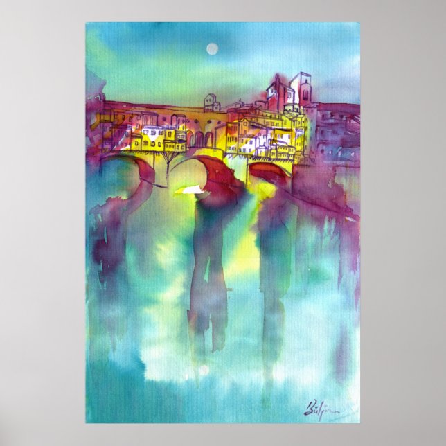 Poster PONTE VECCHIO Florence par aquarelle de nuit (Devant)