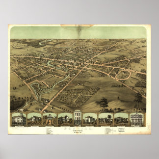Poster Pontiac Michigan 1867 Antique carte panoramique